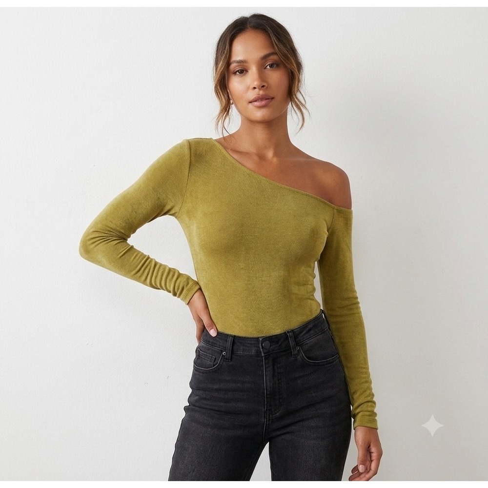 Free People Movement Long Sleeve Off The Shoulder Bodysuit Olive Bitters XS NEW